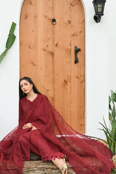 QALAMKAR (LAWN) Red Premium Luxury 80/80 Lawn 3 Pieces